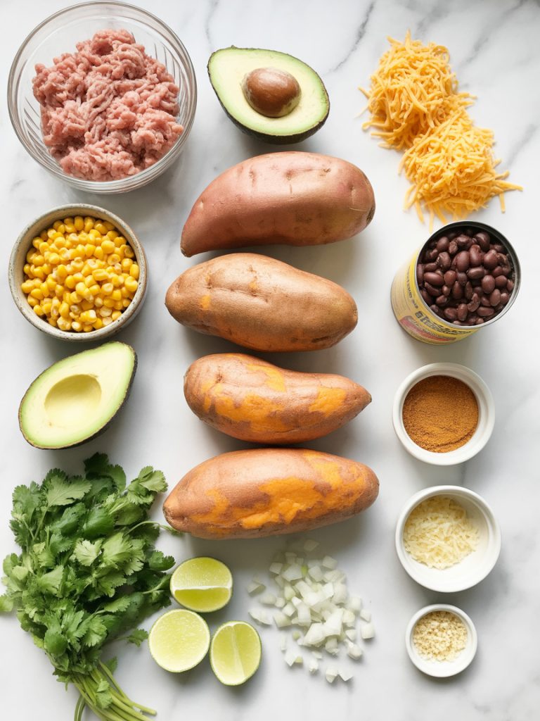 Fresh ingredients for taco stuffed sweet potatoes including sweet potatoes, ground turkey, black beans, corn, cheese, avocado, cilantro, and spices arranged on a white surface