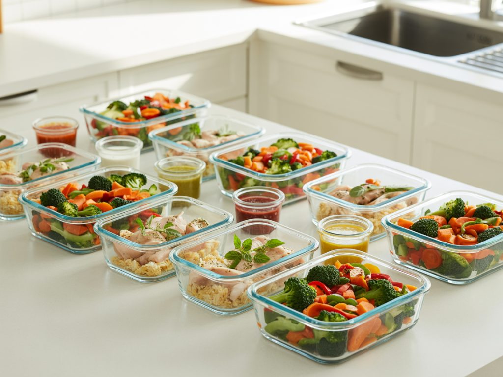Glass containers with prepped ingredients including chopped vegetables, cooked rice and marinated chicken
