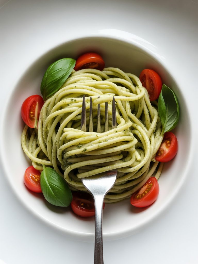 Easy vegan pesto pasta with fresh cherry tomatoes and basil