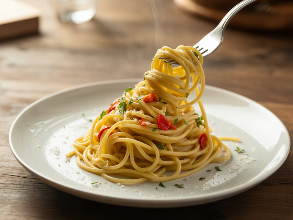 Plate of spaghetti aglio e olio with garlic, olive oil, red pepper flakes and fresh parsley
