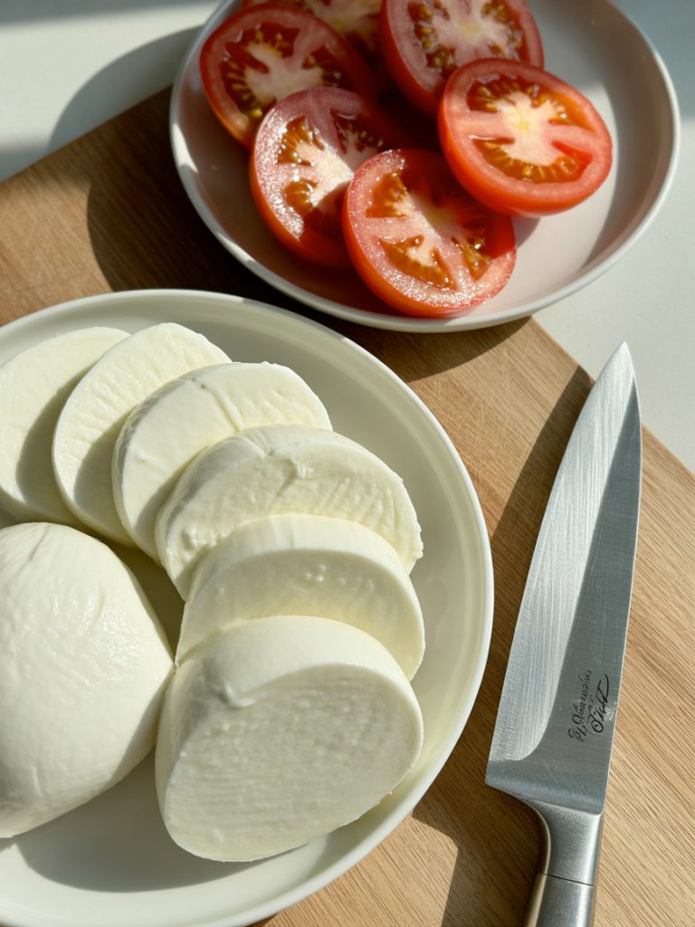 Fresh mozzarella rounds and sliced ripe tomatoes arranged on white plates showing fresh texture