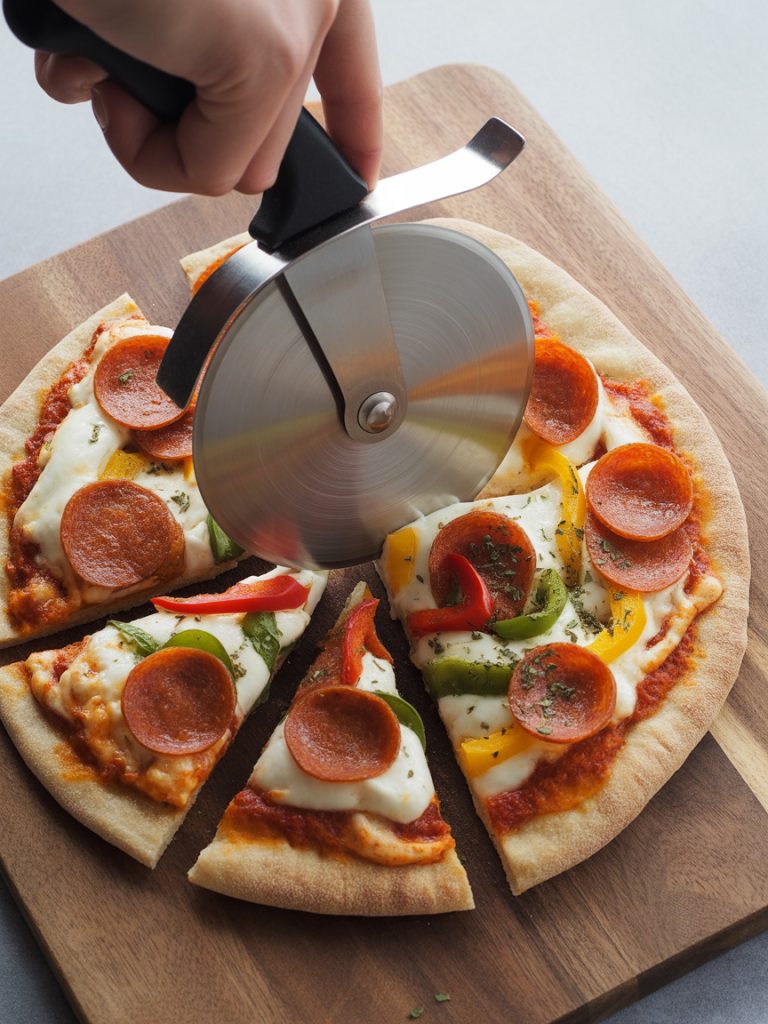 Pizza cutter slicing pita pizza into wedges on cutting board showing melted cheese and toppings