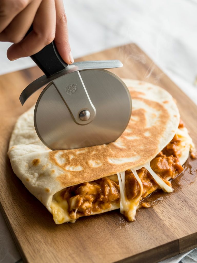Pizza cutter slicing cooked BBQ chicken quesadilla into wedges revealing melted cheese filling inside