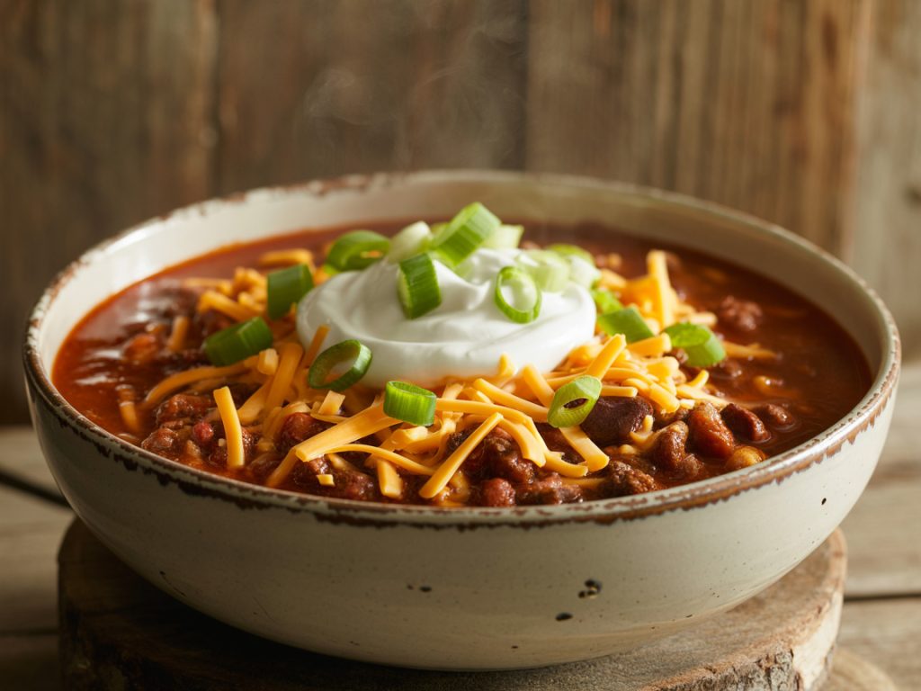 Hearty crockpot beef chili topped with cheese, sour cream and green onions