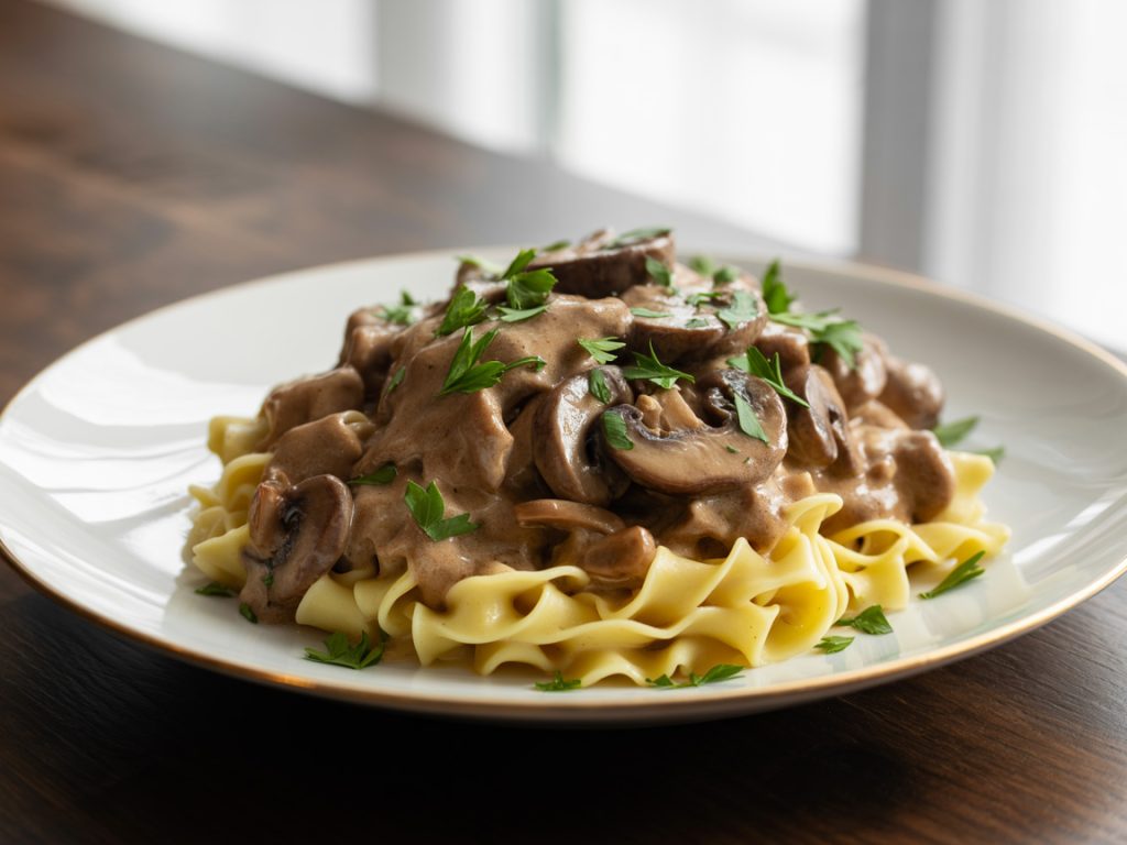 Creamy beef stroganoff with mushrooms served over egg noodles