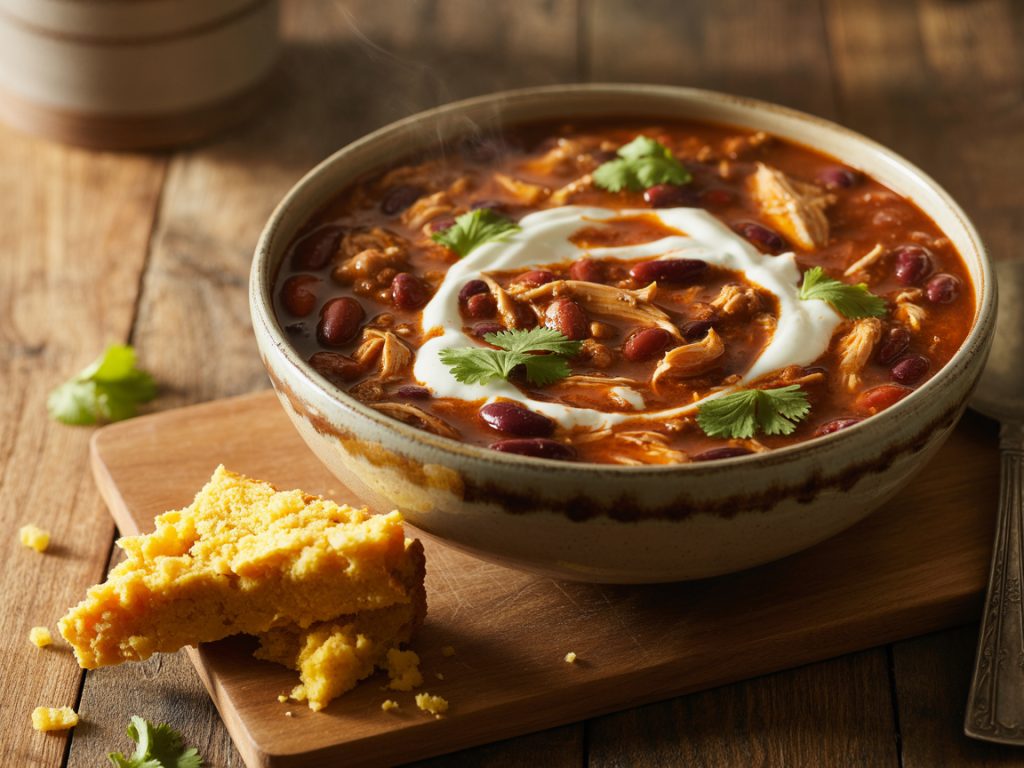 Bowl of hearty chicken chili with shredded chicken and kidney beans topped with Greek yogurt and cilantro