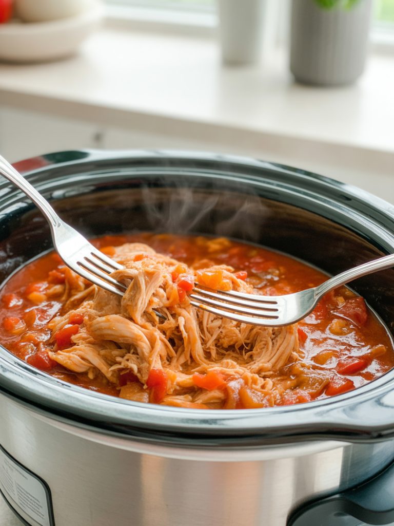 Crockpot filled with tender shredded chicken in salsa for easy chicken tacos