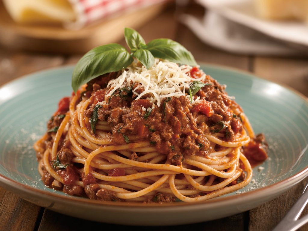 Spaghetti topped with slow-cooked ground beef meat sauce and fresh basil
