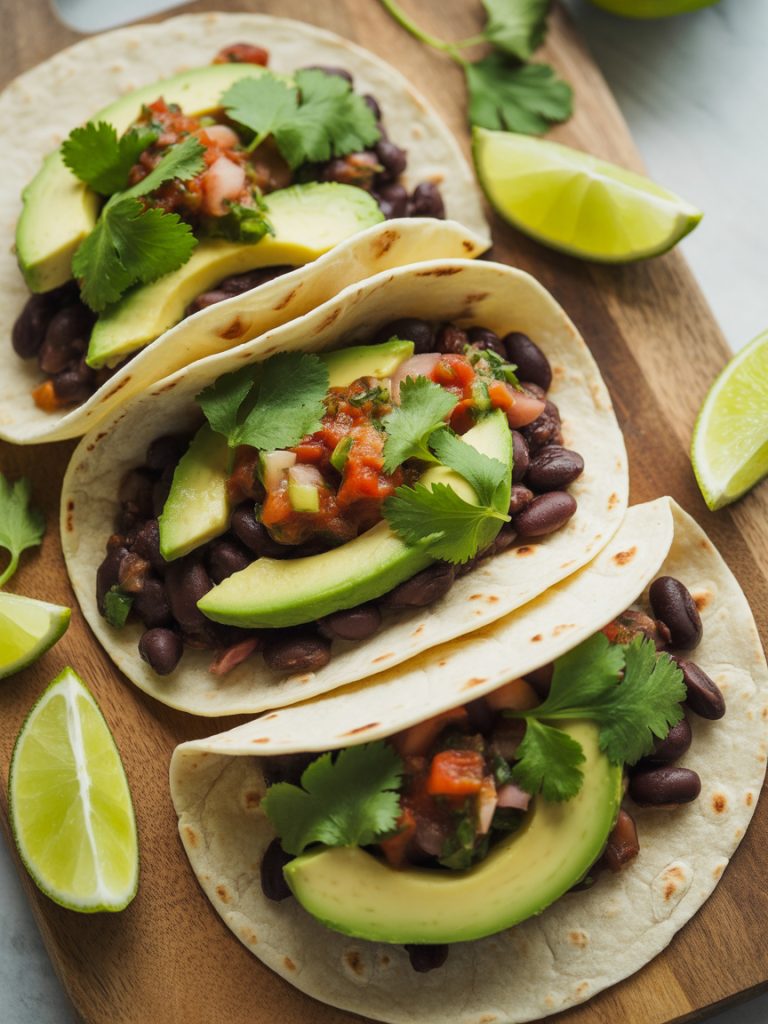 Easy vegan black bean tacos with avocado, cilantro, and lime on wooden board