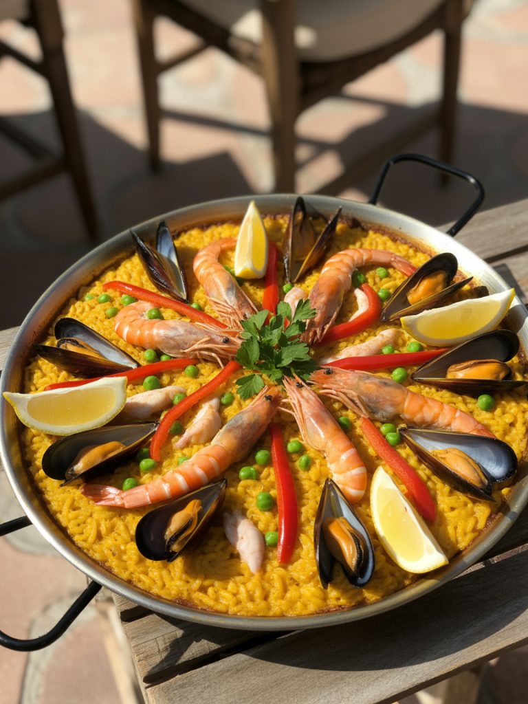 Traditional Spanish paella with shrimp, mussels, chicken, and saffron rice in a paella pan