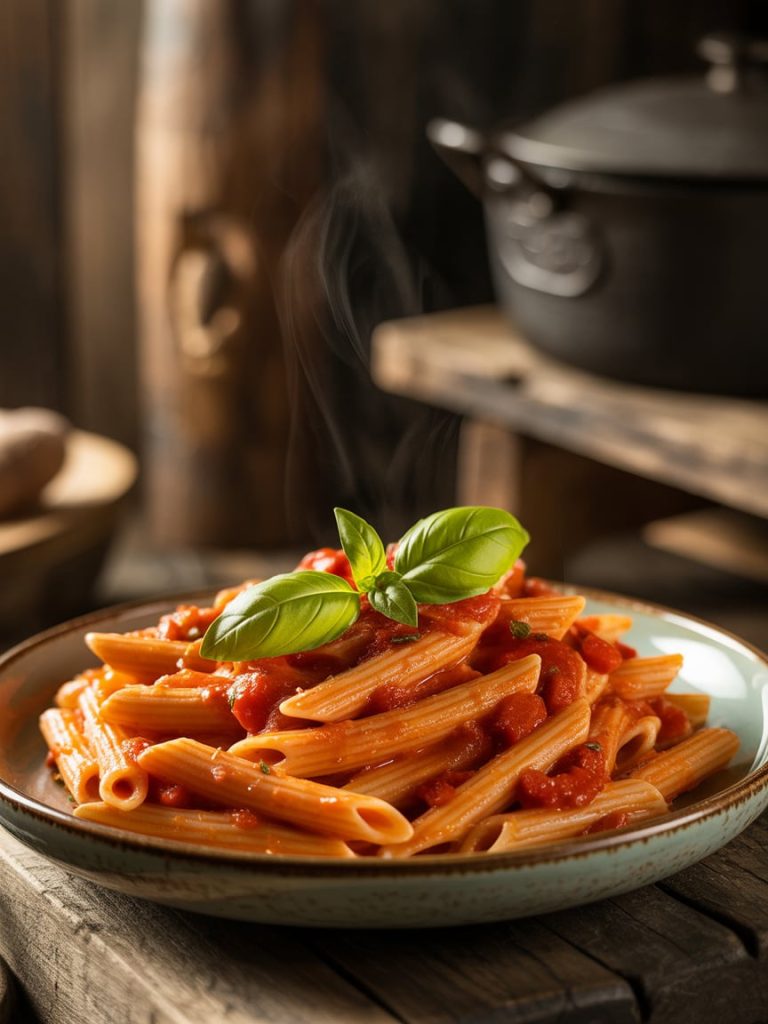 Spicy arrabbiata pasta with red pepper flakes in tomato sauce garnished with fresh basil