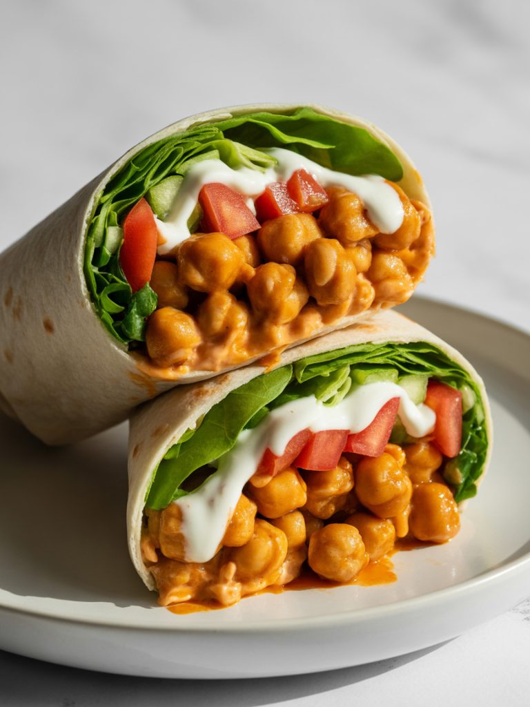 Vegan buffalo chickpea wrap with lettuce, tomatoes, and ranch dressing