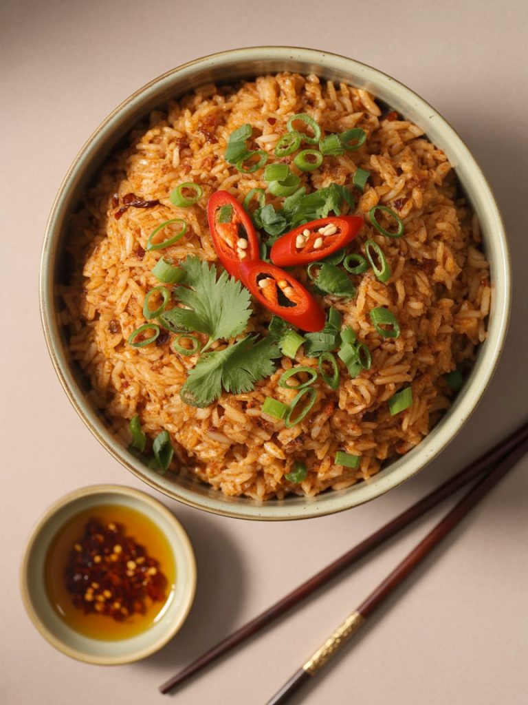 Bowl of spicy fried rice with red chili flakes, vegetables and green onions with chili oil side