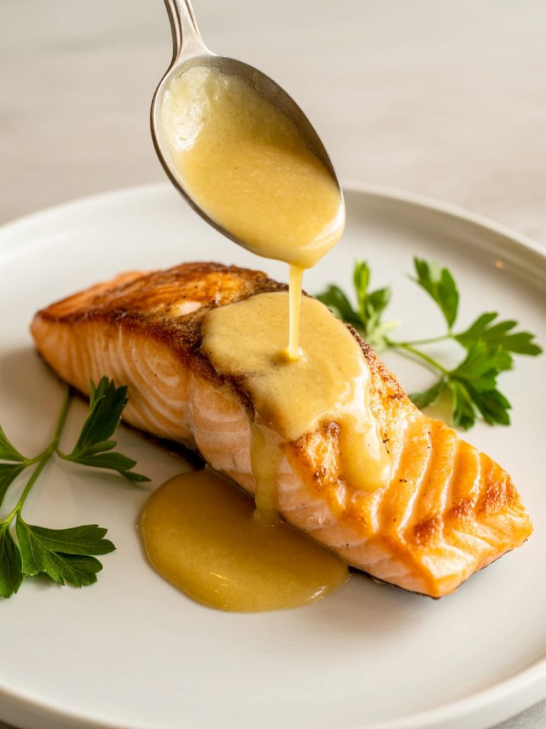 Spoon drizzling glossy golden butter sauce over cooked salmon fillet on white plate