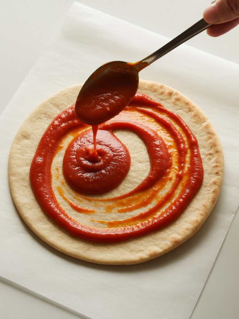 Spoon spreading red pizza sauce evenly on pita bread leaving border for crust