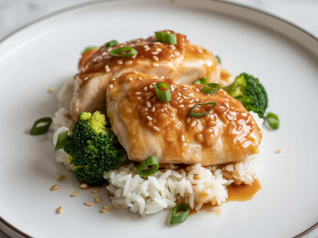 Glazed honey garlic chicken breasts with sticky sauce served over white rice