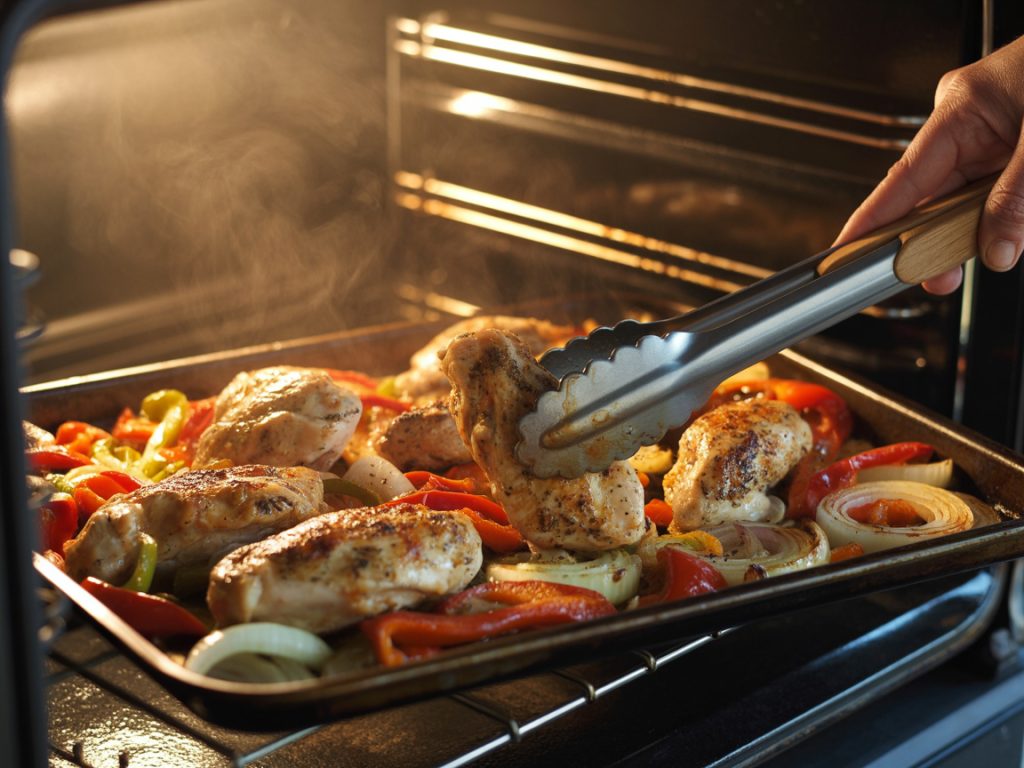 Sheet pan chicken fajitas being stirred halfway through cooking showing early caramelization