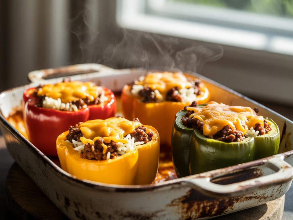 Colorful stuffed bell peppers filled with ground beef, rice and topped with melted cheese