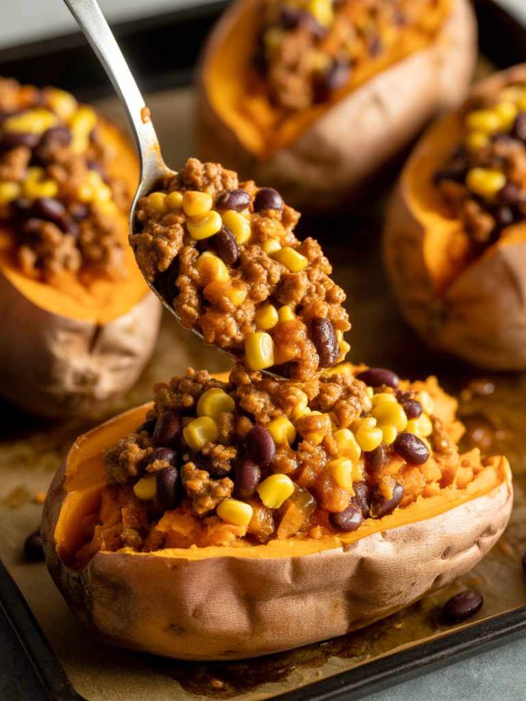 Spoon loading taco meat mixture with beans and corn into opened baked sweet potato