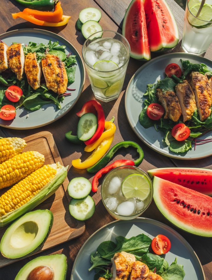 Colorful spread of summer dinner recipes including grilled chicken, fresh salads, and seasonal vegetables on a wooden table