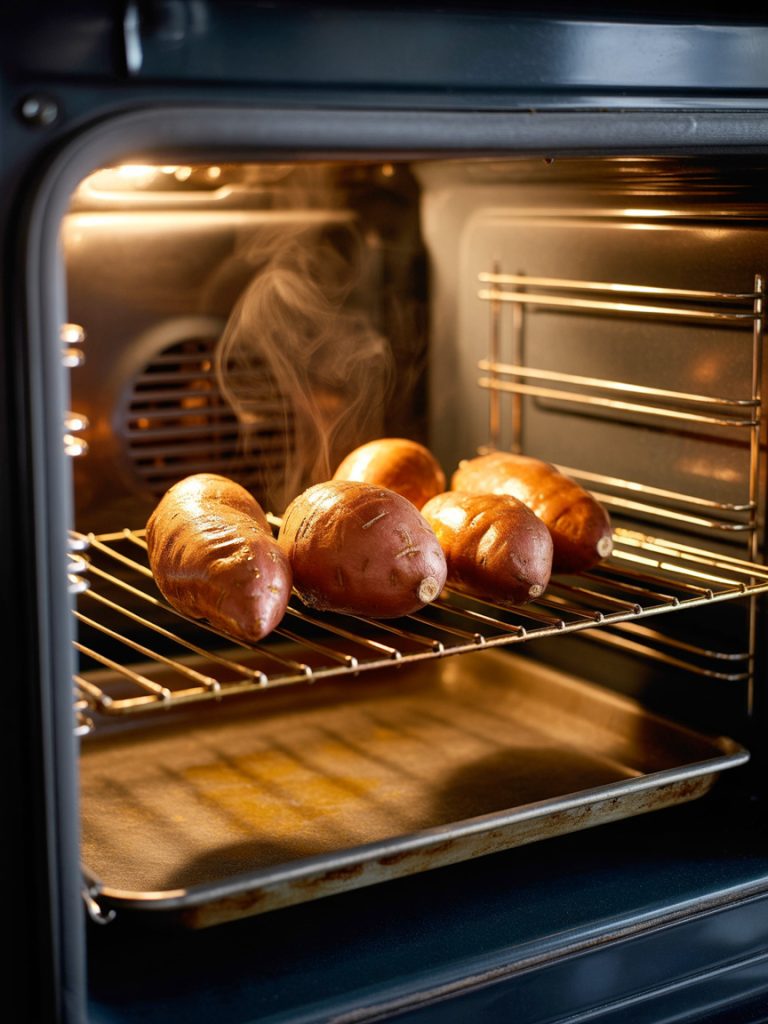 Four sweet potatoes baking on an oven rack with golden skin, viewed through oven door window