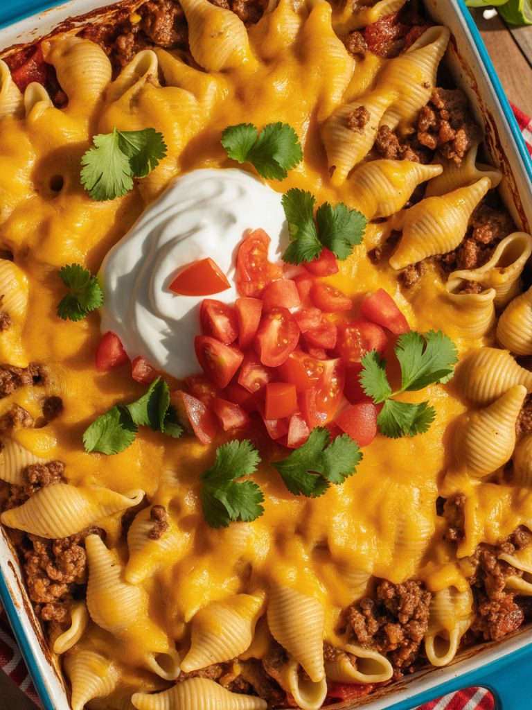 Taco pasta bake with melted cheese, ground beef, and taco toppings in casserole dish
