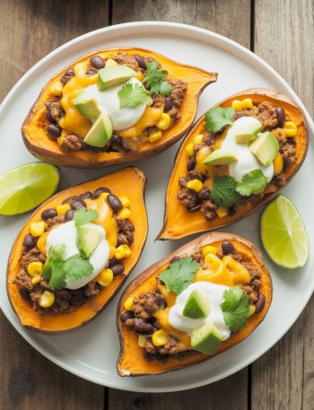 Taco stuffed sweet potatoes loaded with seasoned ground meat, black beans, corn, melted cheese, sour cream, avocado, and fresh cilantro on a white plate