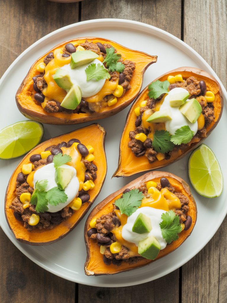 Taco stuffed sweet potatoes loaded with seasoned ground meat, black beans, corn, melted cheese, sour cream, avocado, and fresh cilantro on a white plate