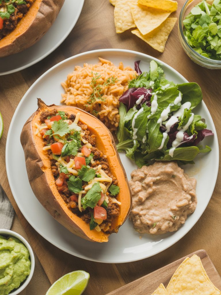 Taco stuffed sweet potato served on plate with side of Mexican rice, refried beans, and fresh salad