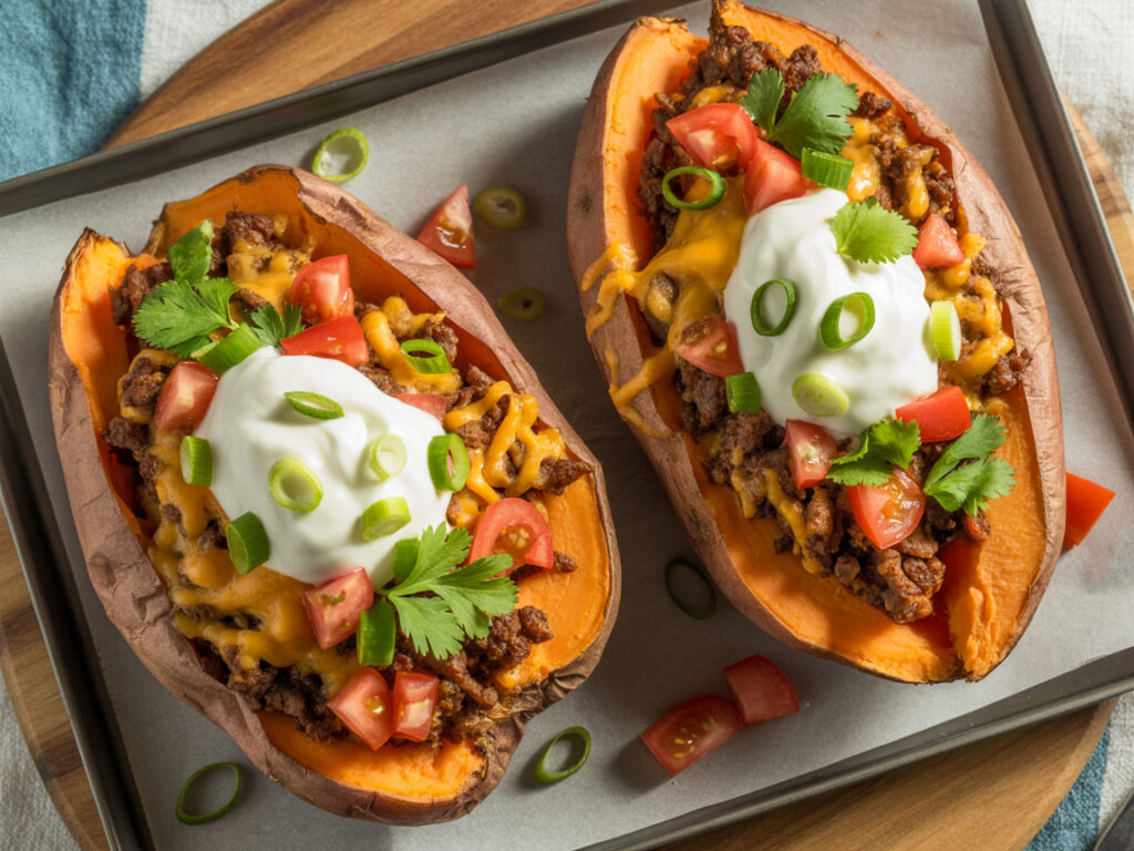 Baked sweet potatoes stuffed with seasoned taco meat, cheese, sour cream, and fresh toppings