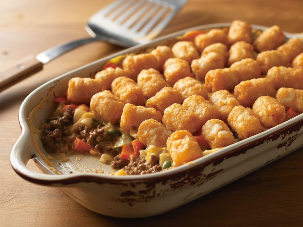 Tater tot casserole with crispy golden tots over ground beef and vegetable layers