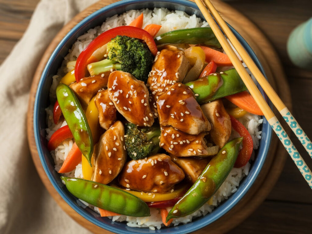 Teriyaki chicken stir-fry with colorful vegetables including snap peas, bell peppers, and broccoli over rice