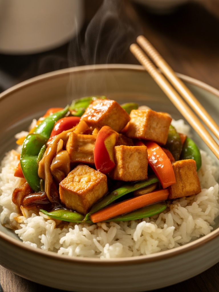 Quick vegan teriyaki tofu stir-fry with mixed vegetables over rice