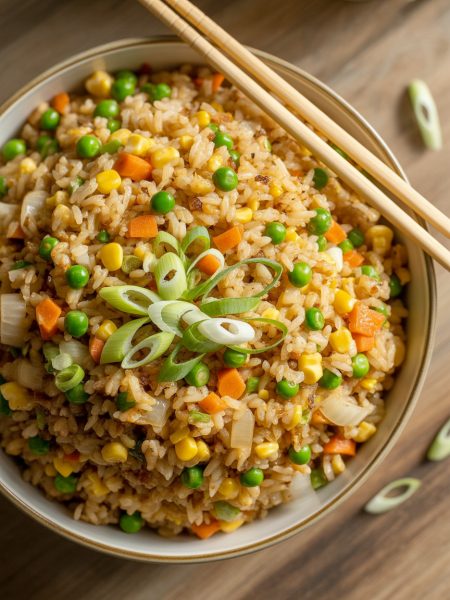 Colorful bowl of homemade fried rice with vegetables, scrambled eggs and green onions garnish with chopsticks