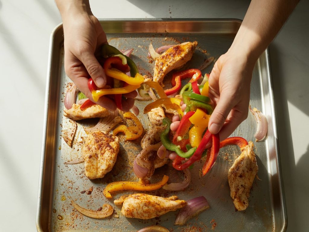 Hands mixing chicken strips and colorful peppers with fajita seasoning on a sheet pan