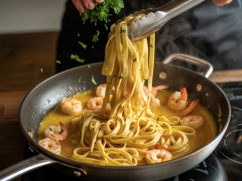 Cooked linguine pasta being tossed with shrimp in glossy garlic butter sauce in skillet