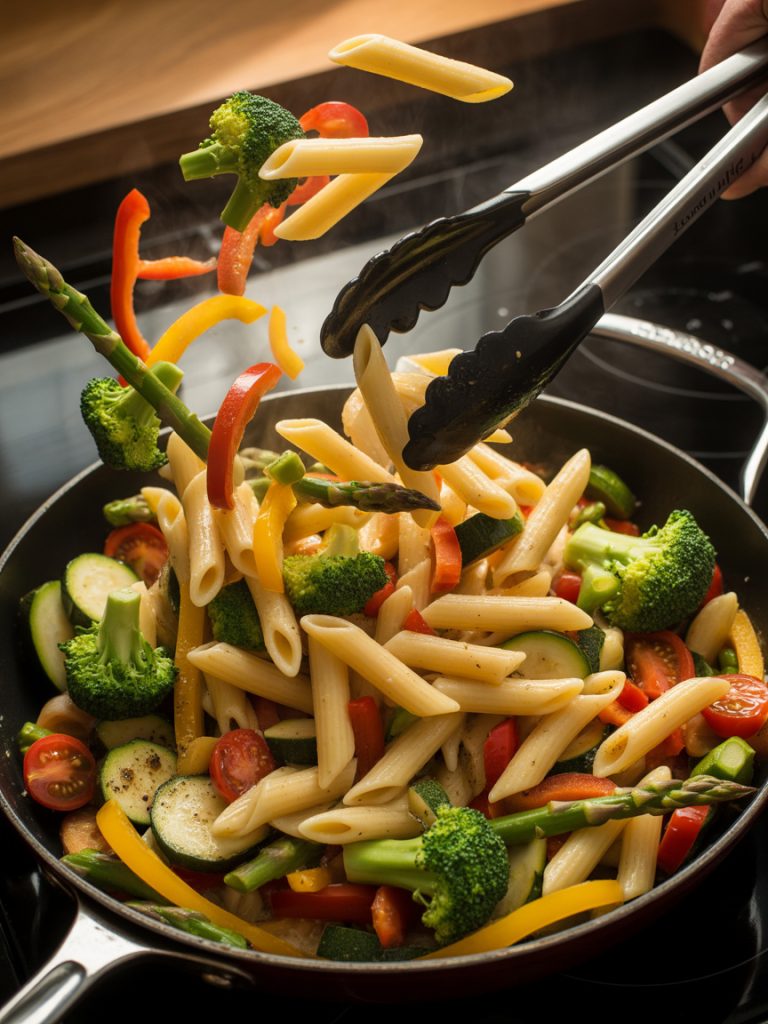 Pasta being tossed with colorful vegetables in skillet with tongs showing mixing process