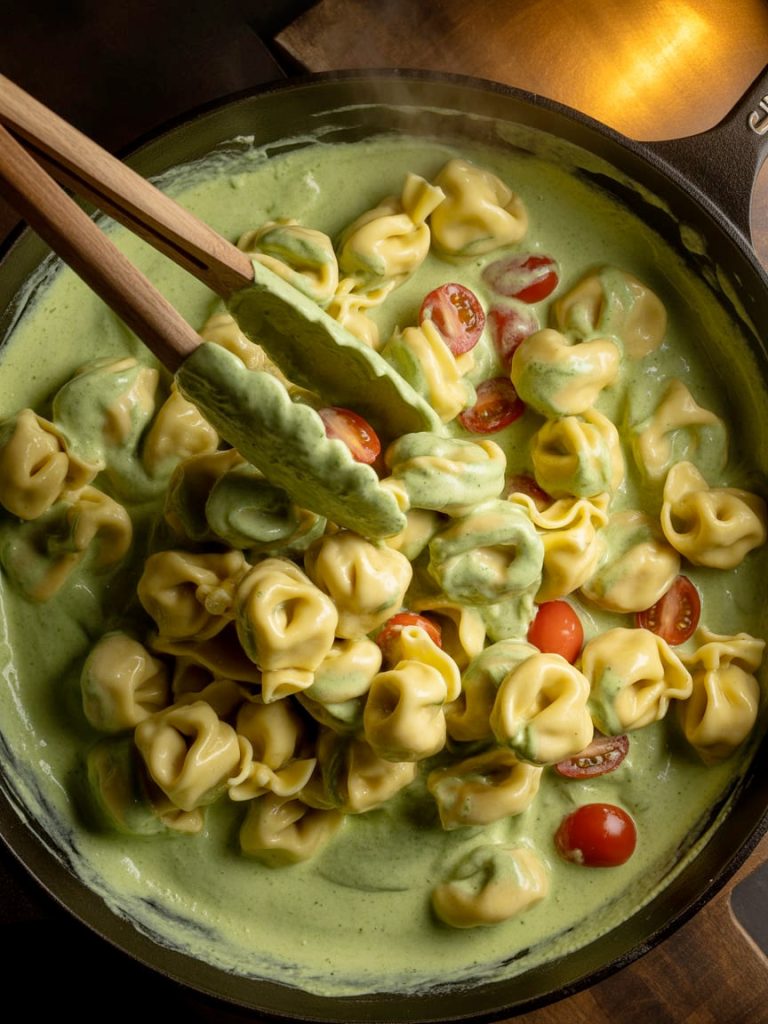 Cooked tortellini being tossed and coated in vibrant green creamy pesto sauce in skillet