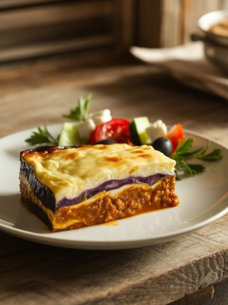 Homemade moussaka showing layers of eggplant, spiced meat sauce, and golden bechamel topping