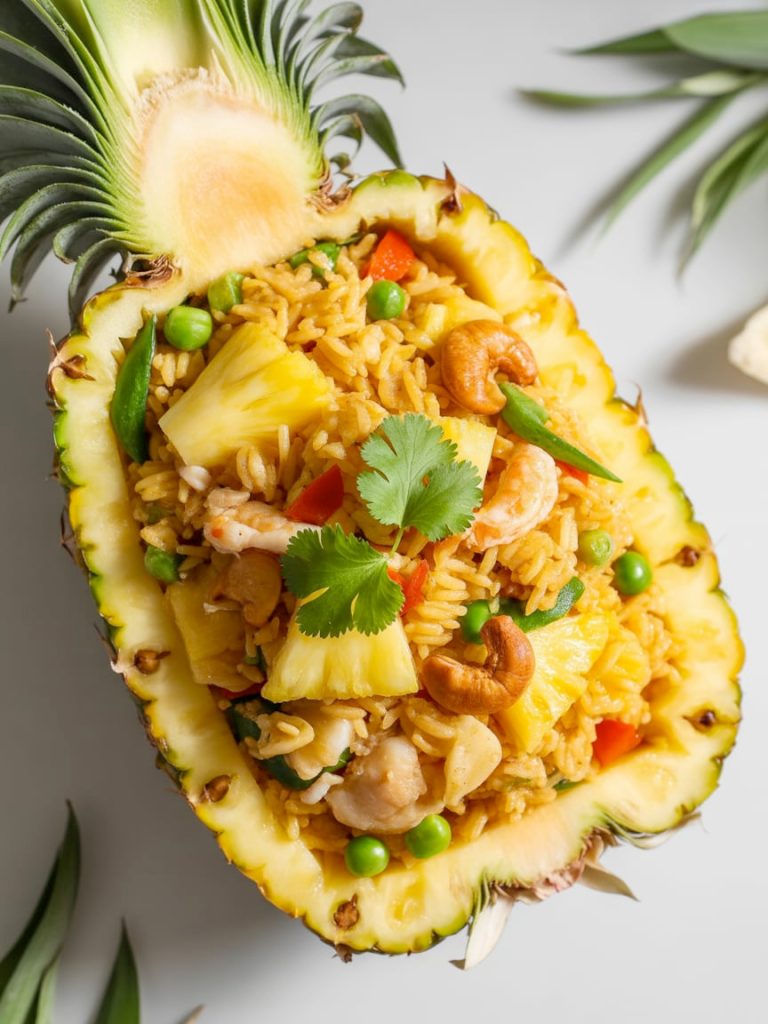 Pineapple fried rice with yellow pineapple chunks, cashews and vegetables in decorative presentation