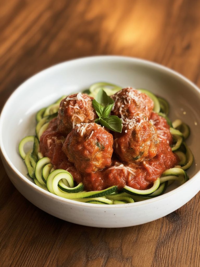 Turkey meatballs in marinara sauce over zucchini noodles garnished with basil and parmesan