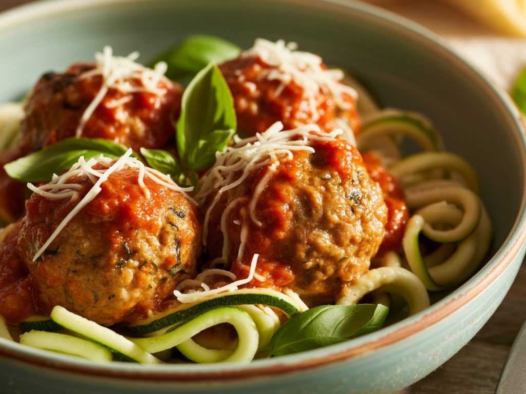 Baked turkey meatballs served over spiralized zucchini noodles with marinara sauce and Parmesan cheese