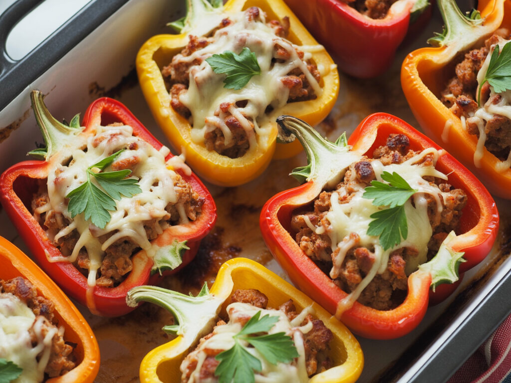 Healthy stuffed bell peppers filled with lean ground turkey and vegetables