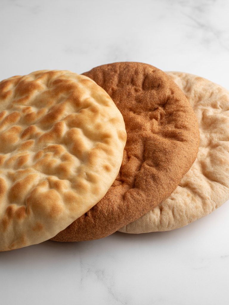 Three types of pita bread showing regular pocket, whole wheat and Greek pita for pizza making