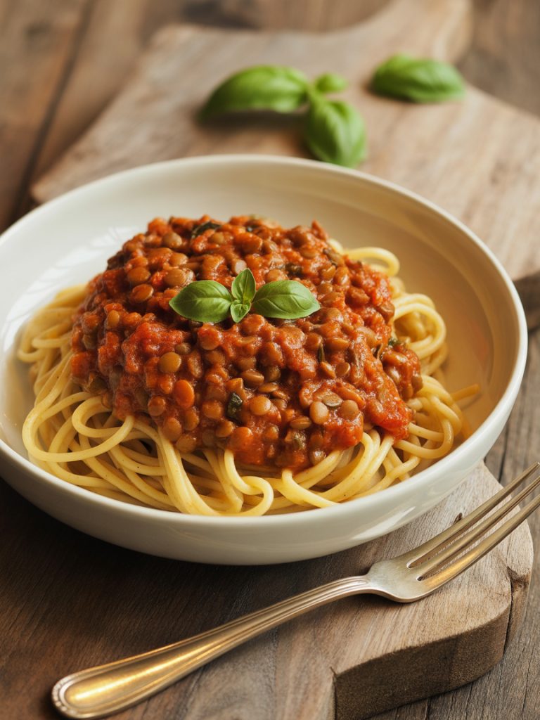 Healthy vegan lentil bolognese sauce over pasta with fresh basil garnish