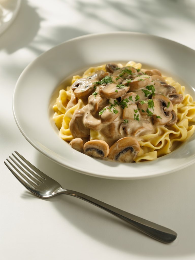 Creamy vegan mushroom stroganoff served over pasta with fresh herbs