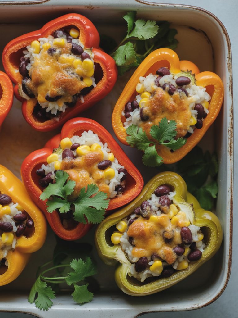 Healthy vegan stuffed bell peppers with rice, beans, and corn