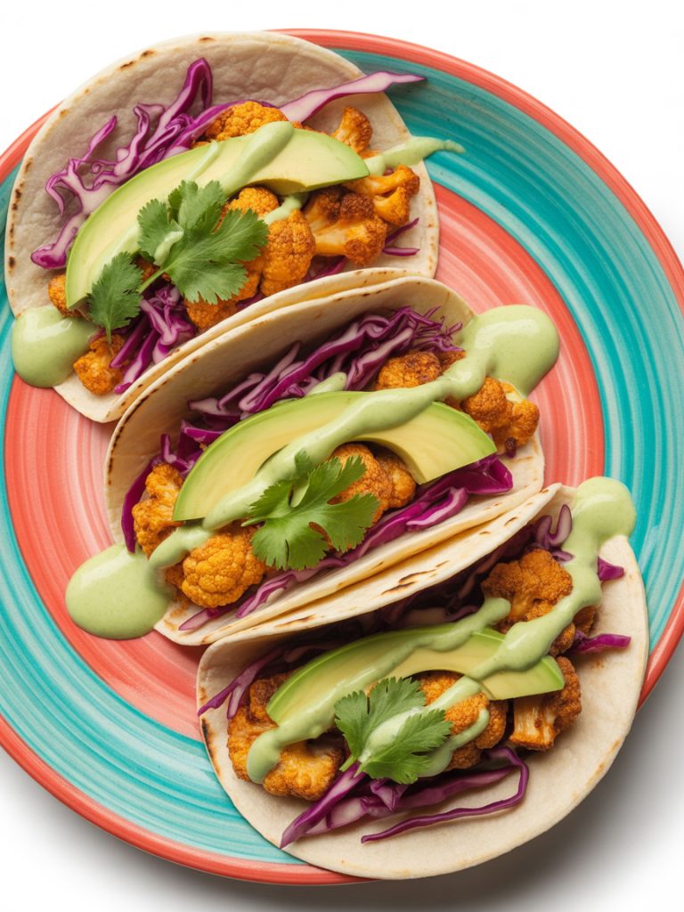 Vegan cauliflower tacos with roasted spiced cauliflower and fresh toppings