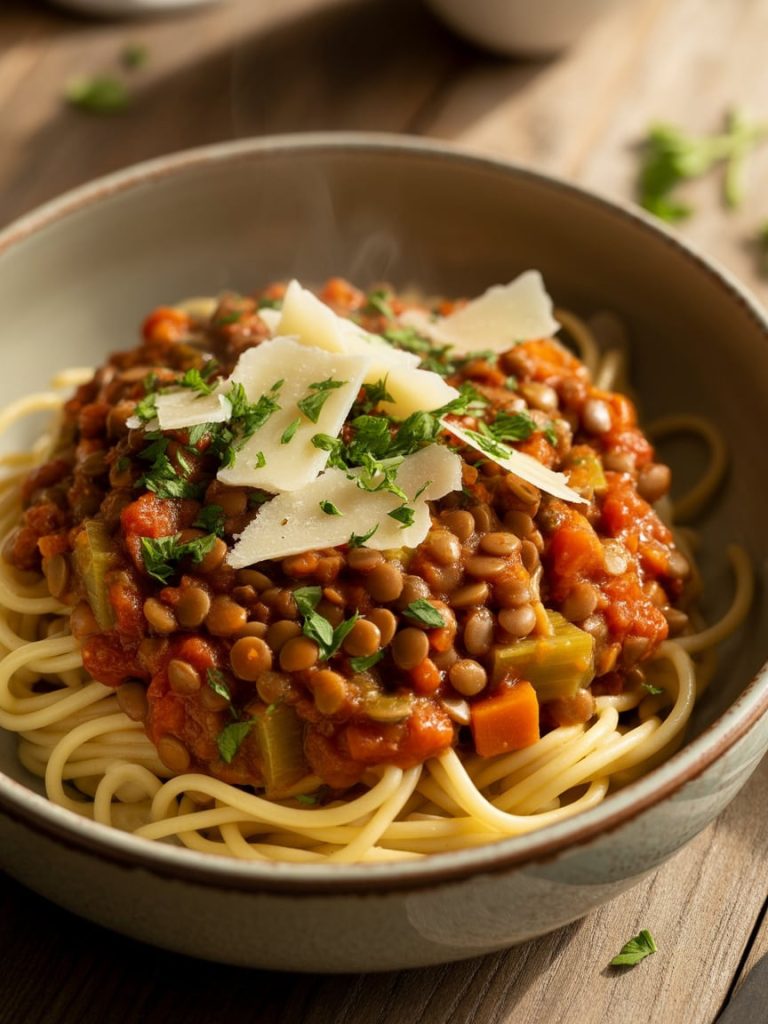 Vegetarian bolognese pasta made with lentils in rich tomato sauce with parmesan