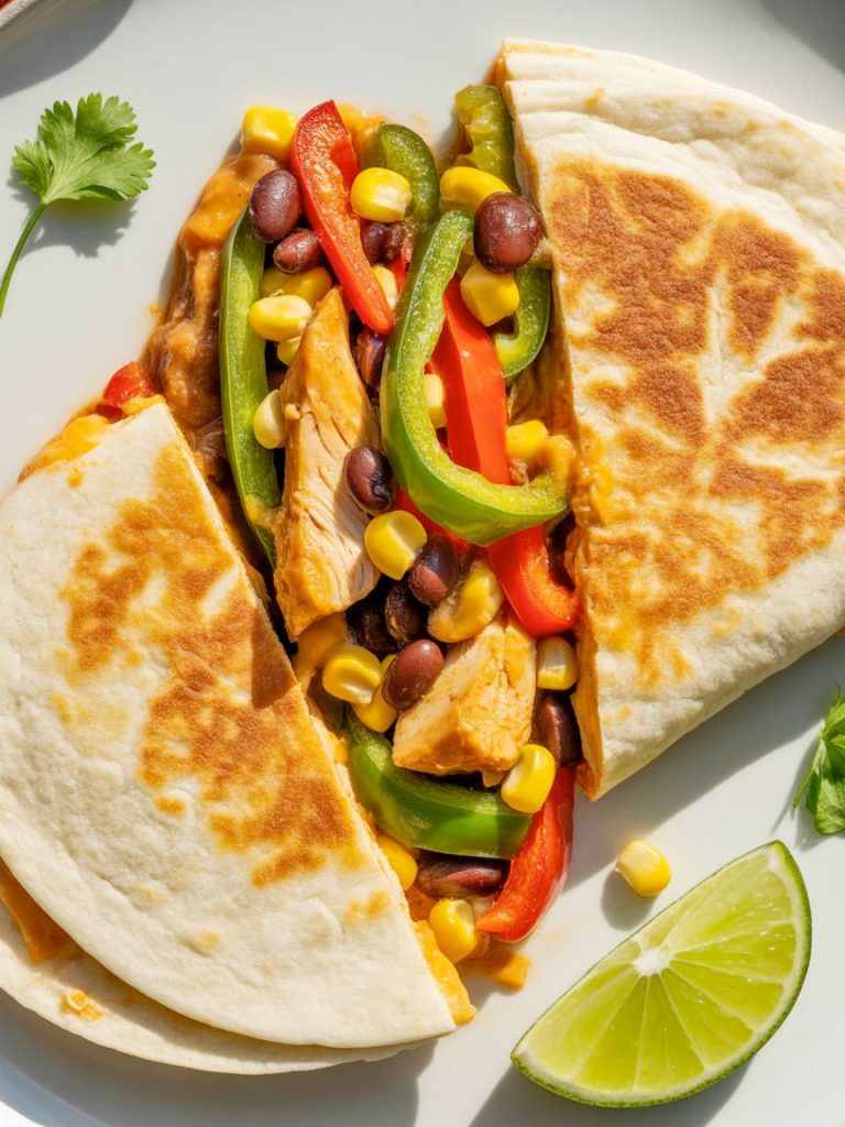 Quesadilla cross-section showing BBQ chicken with added bell peppers, corn and black beans